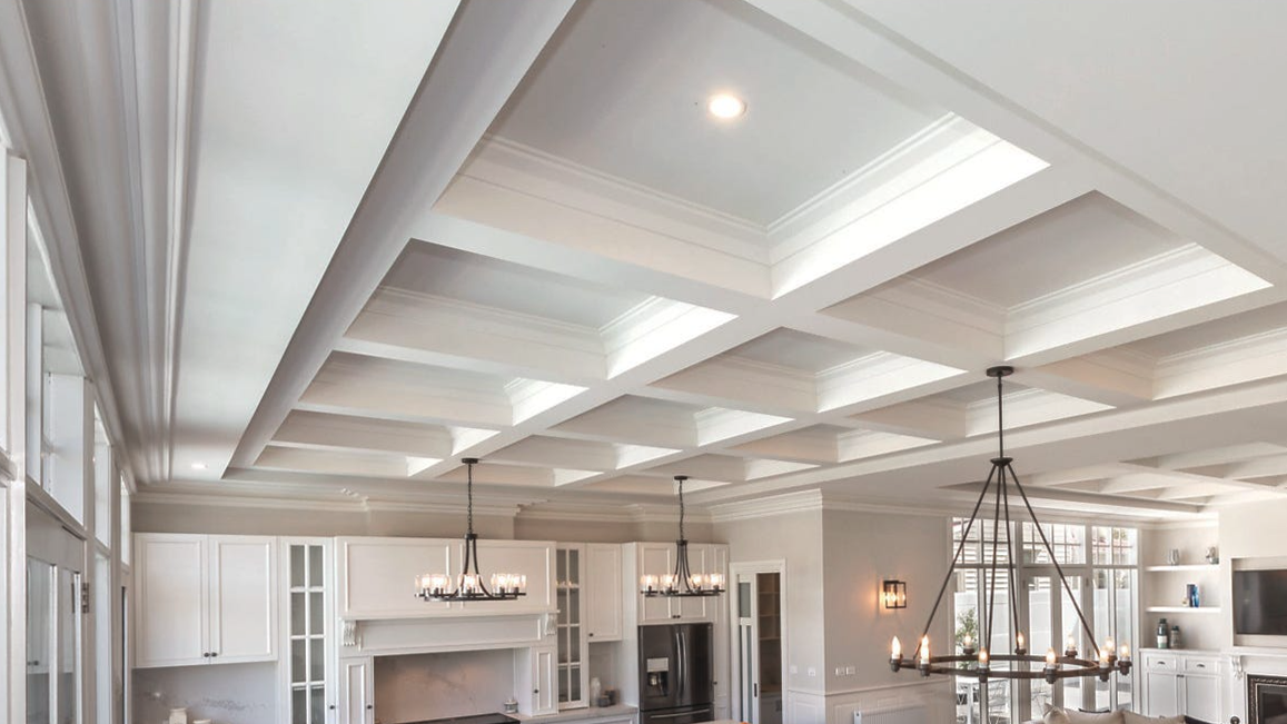 Finished architectural coffered ceiling with detailed cornice work