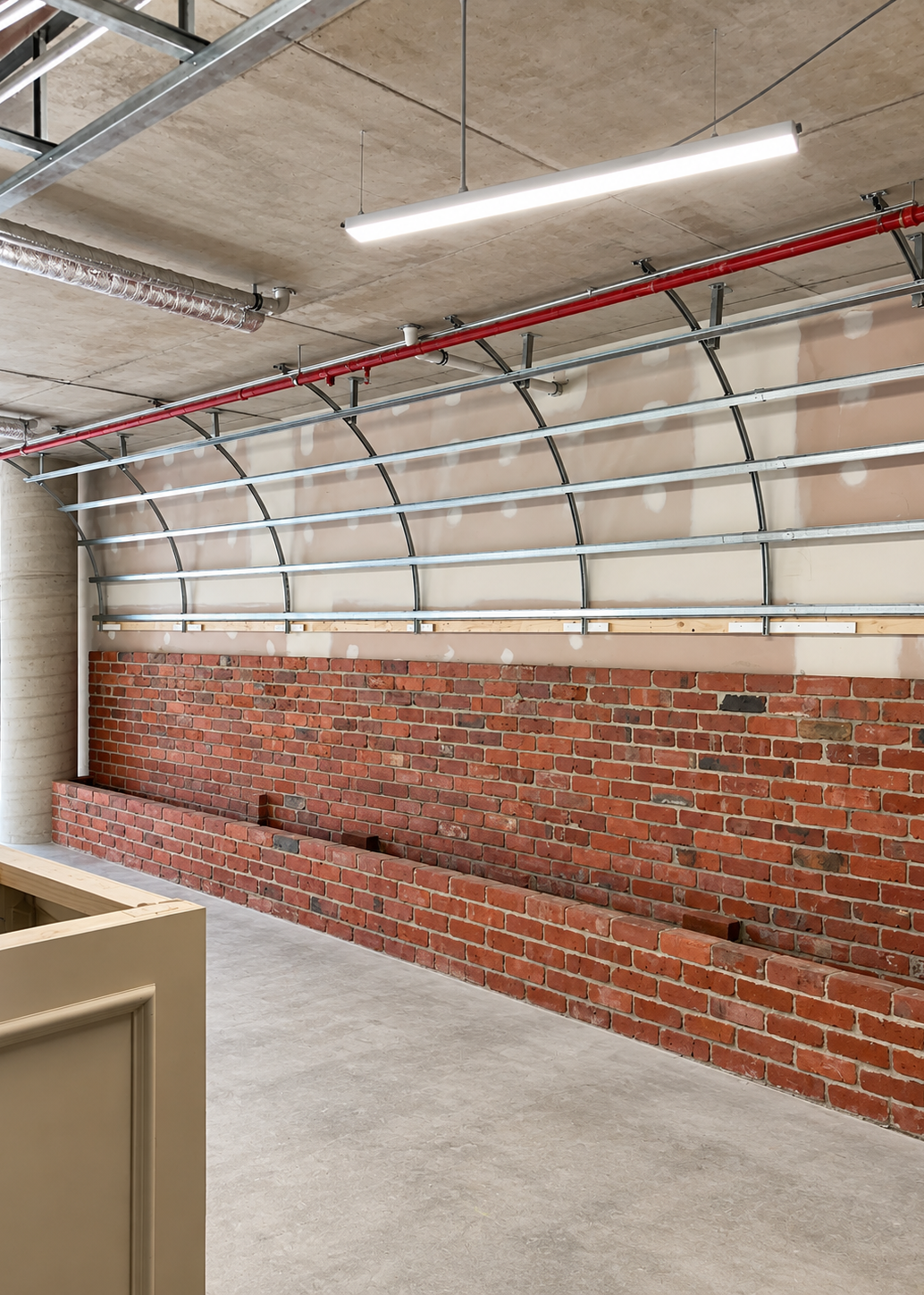 Metal framing forming a curved transition between a commercial wall and ceiling