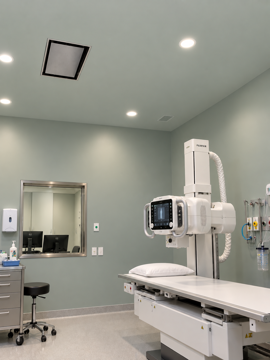 Completed medical centre interior showing painted walls and ceiling in an imaging room